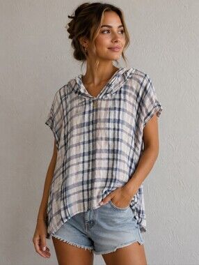 FLAX plaid Hooded Pullover V-neck 100% Linen Top Oversize